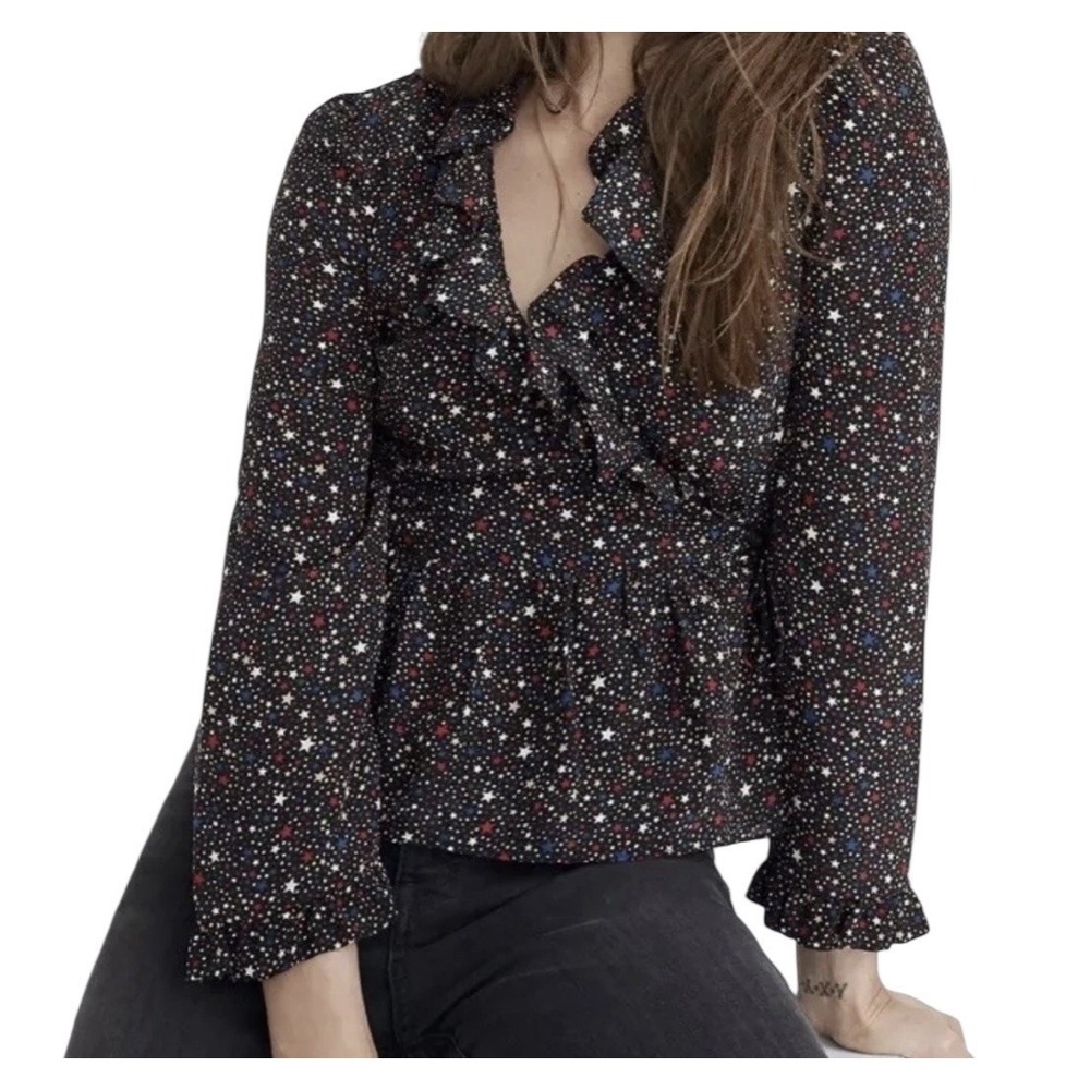 Madewell Starry Night 100% Silk Top Women's‎ Small Ruffle-Hem Wrap Long Sleeve